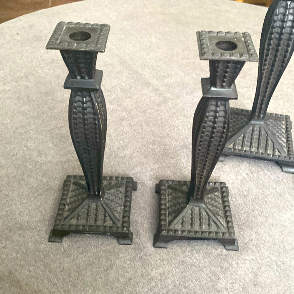 Two Smith & Hawken metal iron heavy outdoor or indoor candlestick holders patio